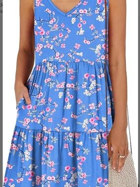 Women's Blue Floral V-Neck Tiered Dress